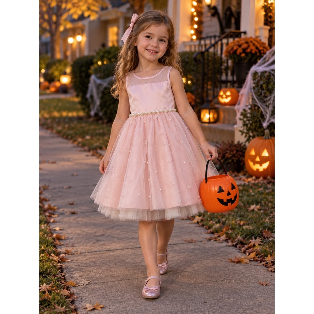 American Princess Pink Tulle Pearl Dress Kids 4T Sleeveless Formal Party Bow